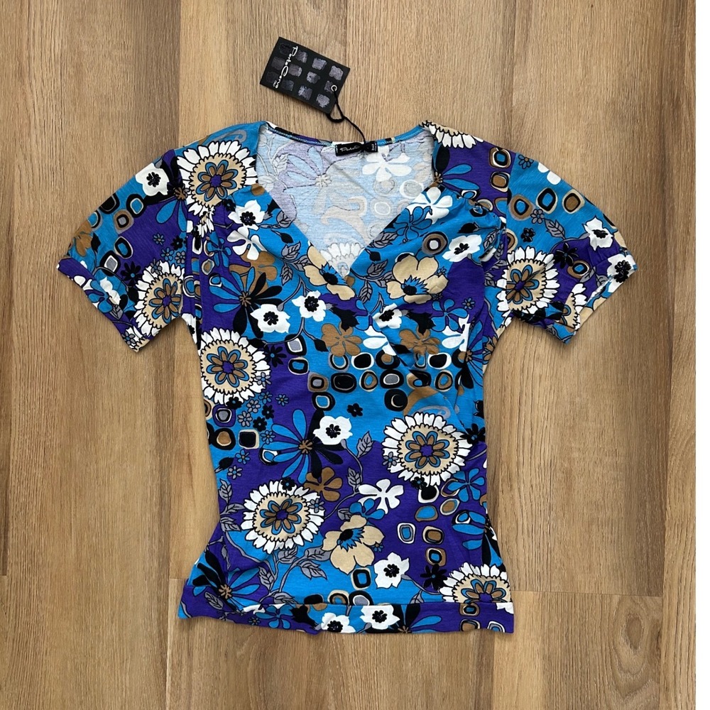 Vintage y2k Floral V-Neck wrap Top Blue Purple‎ Italian Deadstock